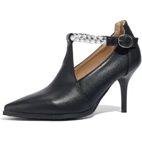 Women's Ankle Strap Pumps Black Pointed Toe Stiletto T-Strap Cut Heels Buckle Shoes
