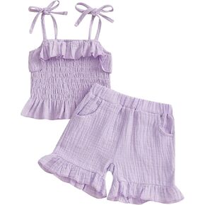 Toddler Girl Summer Clothes Baby Girl Smocked Ruffle T Shirt Top Short Set Little Kids Girl Outfit Beach Essential