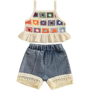 Fanvereka Infant Baby Girls Summer Outfit Crocheted Camisole Denim Shorts Set Toddler Girls 6 12 18 24 Months 2 3 4 T