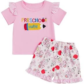 Toddler Baby Little Girl Back To School Outfit Summer Clothes Preschool T-shirt AndShorts Cute Two Piece Set