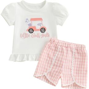 Kupretty Baby Girl Summer Clothes Toddler Short Sleeve Embroidery Smocked Shirts T-shirt + Gingham Ruffle Shorts Set