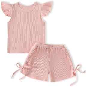 Toddler Baby Girl Summer Clothes Ruffle Ribbed Knit Short Sleeves T-Shirt Tops + Shorts Cute Outfits Set