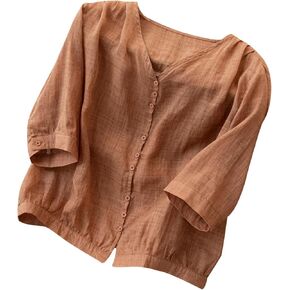 Linen Tops for Women 2025 Summer Rolled 3/4 Sleeve V Neck Tshirts Plus Size Plain Blouses Casual Loose Fit Tunic Top