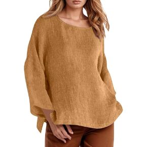 Women's Summer Casual T Shirts 2025 Batwing Half Sleeve Linen Shirts Plus Size Crewneck Blouse Solid Color Basic Top