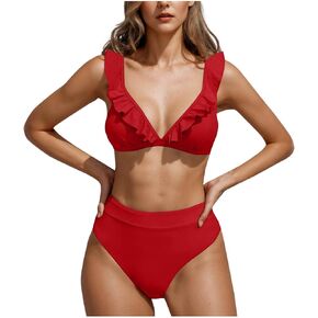 Bikini Sets for Women V Neck Tummy Control Solid Color Bathing Suits Sexy Ruffled Backless Swimsuits