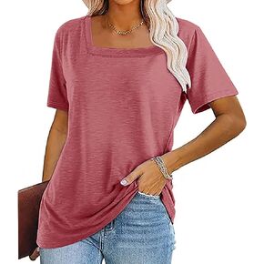 Womens Summer Tops Summer Short Sleeve T Shirts Loose Square Neck Tunic Blouses Basic Strip Tops Workout Gym Lounge Clothes