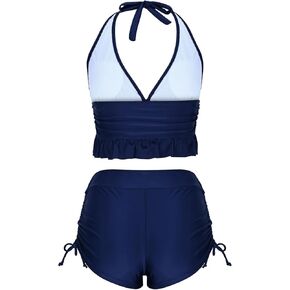 Womens Tankini Bathing Suits Tummy Control Halter V Neck Solid Color Swimsuit High Waisted Side Tie Swimsuits