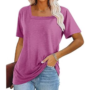 Womens Summer Tops Summer Short Sleeve T Shirts Loose Square Neck Tunic Blouses Basic Strip Tops Workout Gym Lounge Clothes