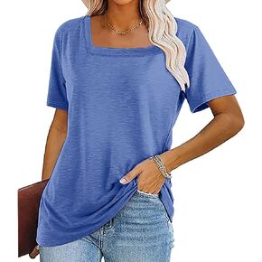 Womens Summer Tops Summer Short Sleeve T Shirts Loose Square Neck Tunic Blouses Basic Strip Tops Workout Gym Lounge Clothes