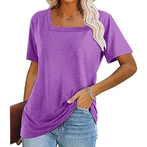 Womens Short Sleeve Tops Comfort Workout Tunic Blouses Square Neck Strip Shirts Dress Casual Summer Vacation Outfits