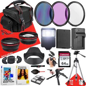 58mm Accessory Bundle for Canon EOS Rebel T7, T6, T5, T3, T100, 4000D, 2000D, 1500D + Wide Angle and Telephoto Lens + Battery + 64GB Memory Card + Battery Charger + Filters + More (22pc Bundle)