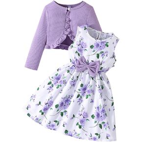 Little Girls Dress and Cardigan 2 Piece Outfits Floral Tank Dresses Ruffle Shrug Sweaters Spring Fall Clothes