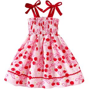 Kids Toddler Baby Girl Summer Outfit Cherry Smocked Dress Spaghetti Strap Sleeveless Floral Bow A-line Dress Clothes