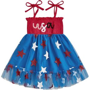 Toddler Baby Girl 4th of July Dress USA Strap Sleeveless Smocked Tulle Tutu Dresses Kids Independence Day Clothes