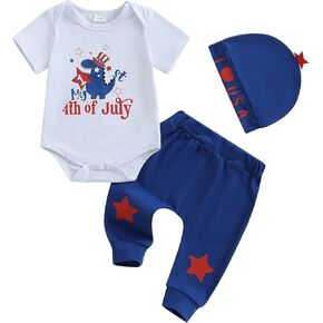 My 1st 4th of July Newborn Baby Boy Outfit Dinosaur Letter Short Sleeve Romper Bodysuit Star Pants Set Hat Clothes