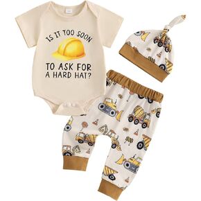 Newborn Baby Boy Summer Clothes Is It Too Soon To Ask For A Hard Hat Construction Short Sleeve Romper Pants Hat Set