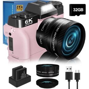 6K 64MP Digital Camera for Photography NIKICAM Vlogging Camera for YouTube with 180° Flip Screen, WiFi,16X Digital Zoom, 52mm Lens, 2 Batteries, 32GB Micro SD Card(Pink)