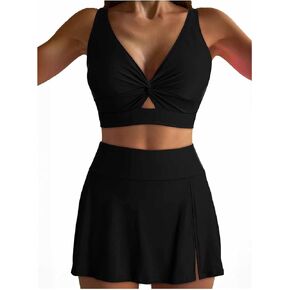 بدلة الاستحمام للنساء v-neck hollow out عالية الخصر تنورة السيطرة على شورتات السباحة من قطعتين