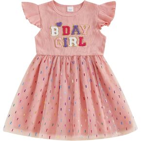 Birthday Dress for Girls Toddler Birthday Girl Outfit Ruffle Short Sleeve Letter Embroidery Pink Tutu Tulle Dresses