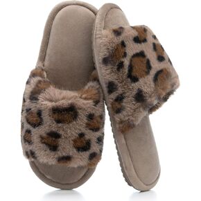 Women's Fuzzy Open-Toe House Slippers with Memory Foam - Leopard Print Plush Cozy Cute Slipper Indoor/Outdoor Soft Slip On Slides Gifts for Women Mom Her Ladies