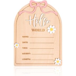 Pink Bow Newborn Announcement Sign, 3D Daisy Wooden Hello World Baby Welcome Board Hospital Birth Name Sign Photo Prop for Baby Shower Gender Reveal Nursery Decor