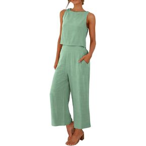 Linen 2 Piece Sets for Women 2025 Plus Size Spring Clothes Sleeveless Tank Tops and Wide Leg Pants Matching Lounge Set