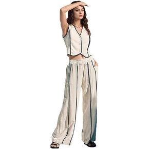 Spring and summer women's striped suit sleeveless vest loose wide-leg pants two-piece set