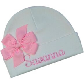 Newborn Personalized Embroidered Baby Hat in Script Font with Custom Name and Bow