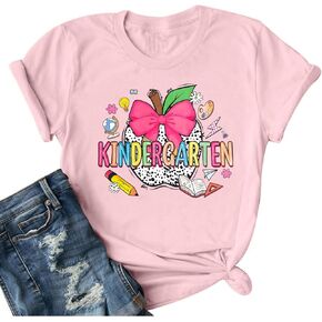 Teacher Shirts for Women Happy First Day of School T-Shirt Back to School Tops Casual Kindergarten Teacher Gift Tee