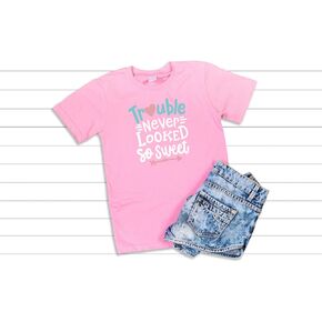Trouble Never Looked So Sweet T-Shirt, Cotton Blend, Unisex Kids, Crew Neck, Short Sleeve, Gray and Pink