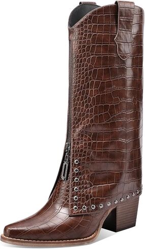 Women's Brown Crocodile Print Boots Fashion Slouchy Chunky Heel Pointed Toe Mid Calf boot Western Style Rivet shoe in Saudi Arabia