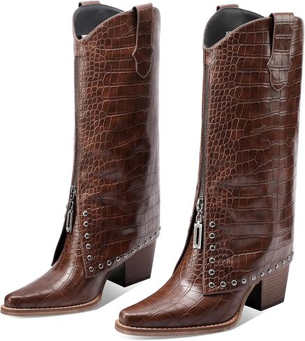 Women's Brown Crocodile Print Boots Fashion Slouchy Chunky Heel Pointed Toe Mid Calf boot Western Style Rivet shoe in Saudi Arabia