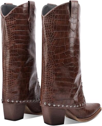Women's Brown Crocodile Print Boots Fashion Slouchy Chunky Heel Pointed Toe Mid Calf boot Western Style Rivet shoe in Saudi Arabia