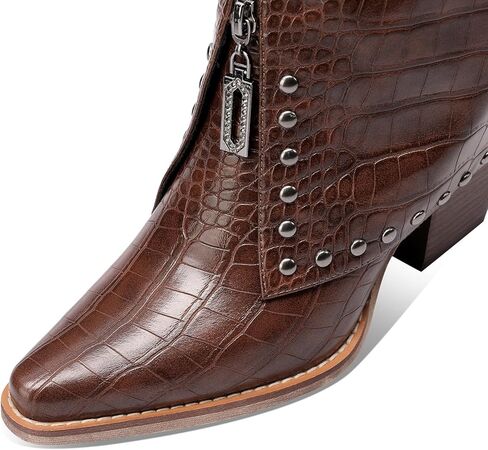 Women's Brown Crocodile Print Boots Fashion Slouchy Chunky Heel Pointed Toe Mid Calf boot Western Style Rivet shoe in Saudi Arabia