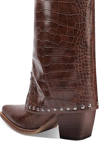 Women's Brown Crocodile Print Boots Fashion Slouchy Chunky Heel Pointed Toe Mid Calf boot Western Style Rivet shoe in Saudi Arabia