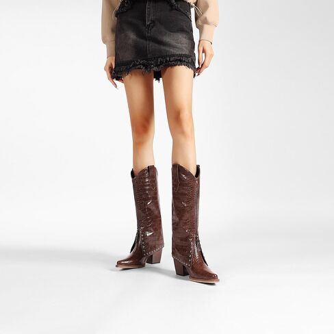 Women's Brown Crocodile Print Boots Fashion Slouchy Chunky Heel Pointed Toe Mid Calf boot Western Style Rivet shoe in Saudi Arabia