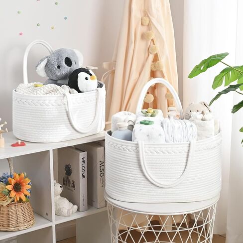 Baby Diaper Caddy Organizer, Cotton Rope Diaper Basket, Changing Table Storage Caddy With Removable Divider, Baby Basket for Nursery, Car, Diapers, Baby Shower Gifts for Newborn in Kuwait