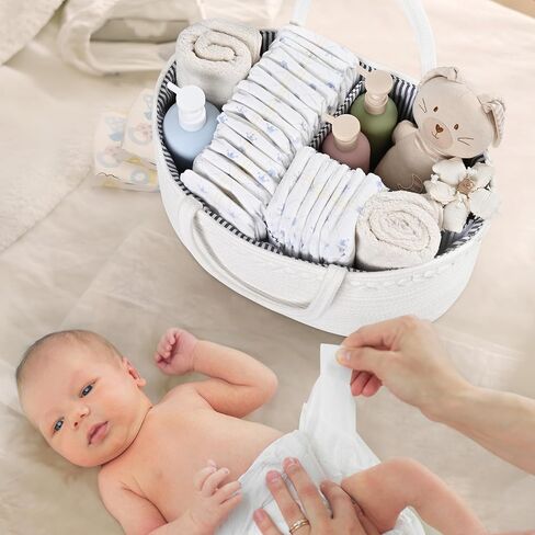 Baby Diaper Caddy Organizer, Cotton Rope Diaper Basket, Changing Table Storage Caddy With Removable Divider, Baby Basket for Nursery, Car, Diapers, Baby Shower Gifts for Newborn in Kuwait