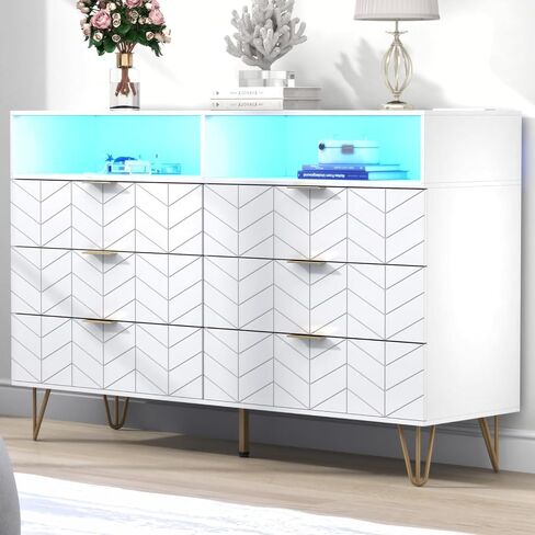 Loomie 6 Drawers Double Dresser with Power Outlet & LED Light,White Long Dresser Chests of Drawers with Storage Cubby,Wood Wide TV Dresser Stand for up to 55" for Bedroom,Hallway,Entryway in Saudi Arabia