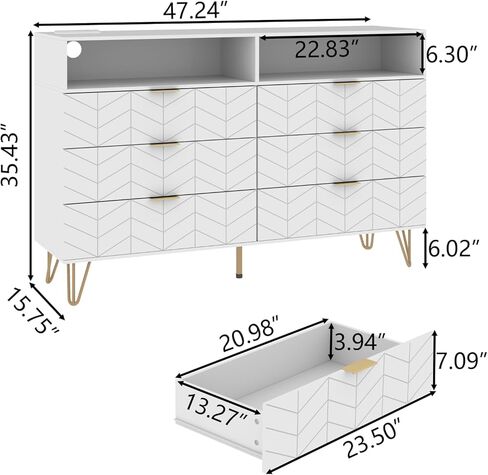 Loomie 6 Drawers Double Dresser with Power Outlet & LED Light,White Long Dresser Chests of Drawers with Storage Cubby,Wood Wide TV Dresser Stand for up to 55" for Bedroom,Hallway,Entryway in Saudi Arabia
