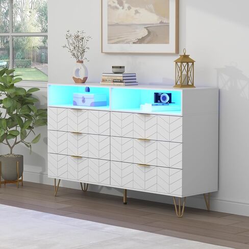 Loomie 6 Drawers Double Dresser with Power Outlet & LED Light,White Long Dresser Chests of Drawers with Storage Cubby,Wood Wide TV Dresser Stand for up to 55" for Bedroom,Hallway,Entryway in Saudi Arabia