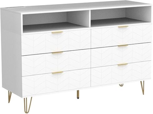 Loomie 6 Drawers Double Dresser with Power Outlet & LED Light,White Long Dresser Chests of Drawers with Storage Cubby,Wood Wide TV Dresser Stand for up to 55" for Bedroom,Hallway,Entryway in Saudi Arabia