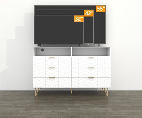 Loomie 6 Drawers Double Dresser with Power Outlet & LED Light,White Long Dresser Chests of Drawers with Storage Cubby,Wood Wide TV Dresser Stand for up to 55" for Bedroom,Hallway,Entryway in Saudi Arabia