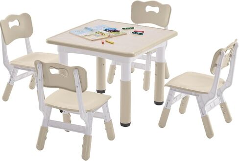 Kids Table and 2 Chairs Set, Height-Adjustable Toddler Table and Chairs Set with Graffiti Desktop, 23.6''L x 23.6''W Children Activity Table for Daycare, Classroom, Home, Burlywood-w in Saudi Arabia
