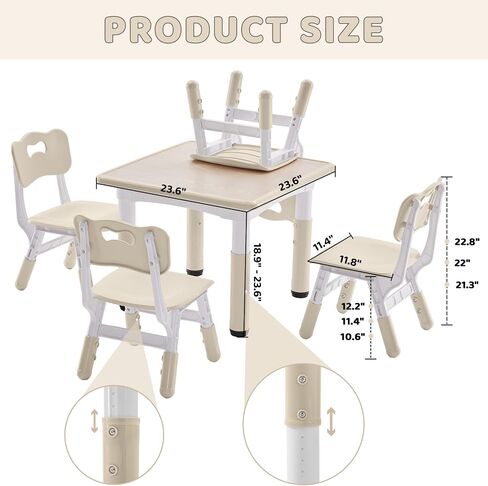 Kids Table and 2 Chairs Set, Height-Adjustable Toddler Table and Chairs Set with Graffiti Desktop, 23.6''L x 23.6''W Children Activity Table for Daycare, Classroom, Home, Burlywood-w in Saudi Arabia