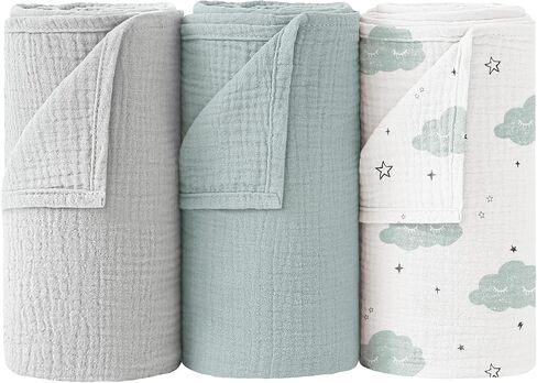 Bearmoss Muslin Swaddle Blankets, 40 x 38 inches Baby Swaddle for Boys and Girls, Soft Baby Blanket, 3 Pack Breathable Nursery Receiving Blankets (Cloud) in Kuwait