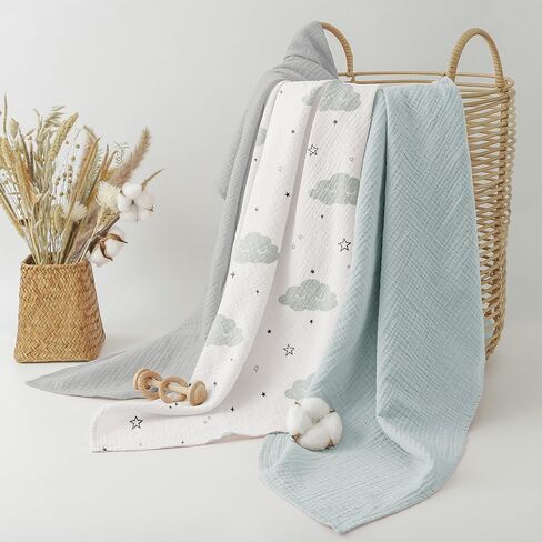 Bearmoss Muslin Swaddle Blankets, 40 x 38 inches Baby Swaddle for Boys and Girls, Soft Baby Blanket, 3 Pack Breathable Nursery Receiving Blankets (Cloud) in Kuwait