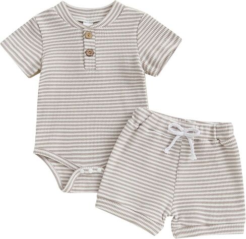 VISGOGO Baby Boy Shorts Set Newborn Infant Summer Outfit Striped Half Button-up Short Sleeve Bodysuit Elastic Waist Shorts in Saudi Arabia
