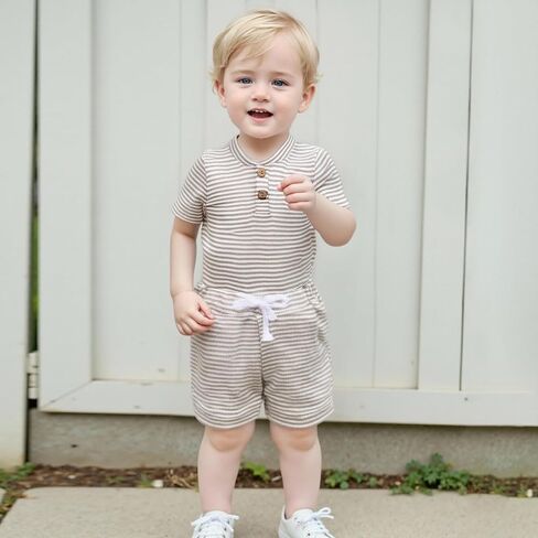 VISGOGO Baby Boy Shorts Set Newborn Infant Summer Outfit Striped Half Button-up Short Sleeve Bodysuit Elastic Waist Shorts in Saudi Arabia