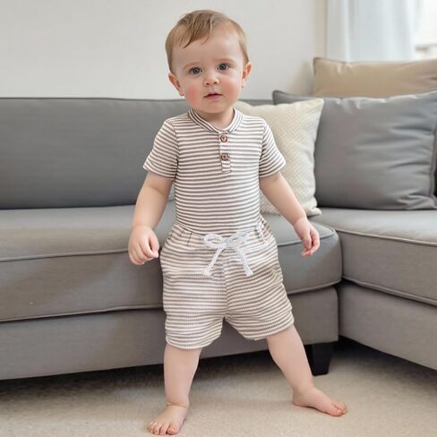 VISGOGO Baby Boy Shorts Set Newborn Infant Summer Outfit Striped Half Button-up Short Sleeve Bodysuit Elastic Waist Shorts in Saudi Arabia